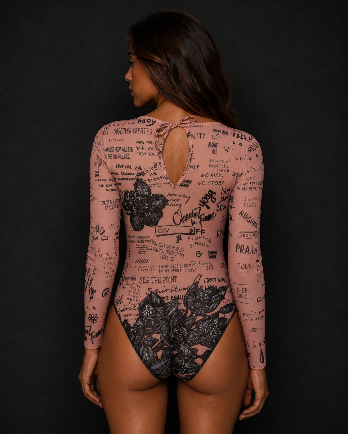 Nude Body-Art One-Piece Swimsuit with Sleeves